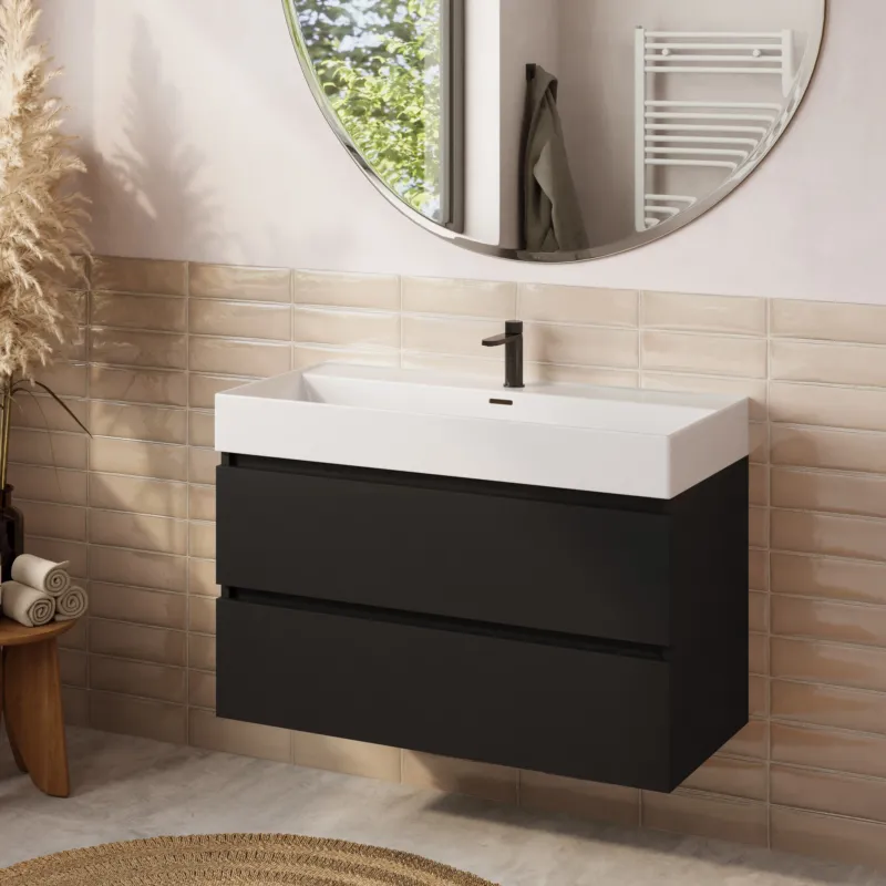 Tijdelijk Beschikbaar Fontana badkamermeubel 100cm mat zwart met Plieger Kansas wastafel glans wit met kraangat