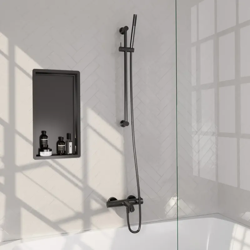 Brauer Stripe thermostatische badkraan met glijstang en staafhanddouche gunmetal geborsteld PVD Nu Kopen