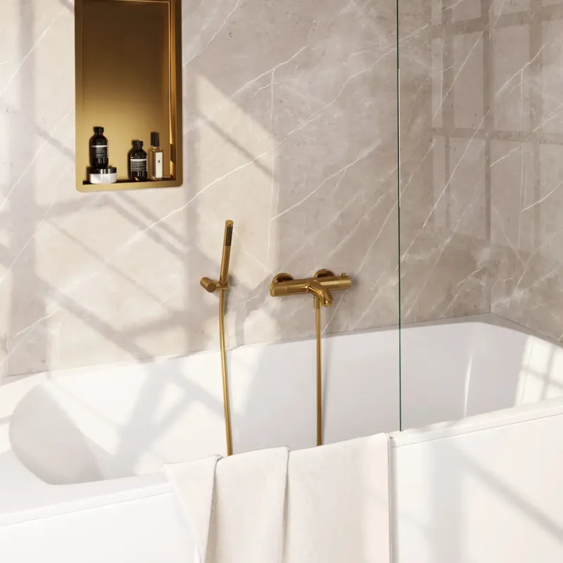Beste Prijs Brauer Stripe thermostatische badkraan met wandhouder en staafhanddouche messing geborsteld PVD
