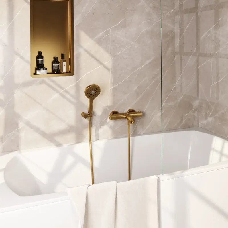Brauer Stripe thermostatische badkraan met wandhouder en 3 standen handdouche messing geborsteld PVD Flitsaanbieding