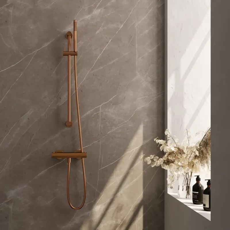 Brauer Stripe thermostatische douchekraan met glijstang en staafhanddouche koper geborsteld PVD Voordeelprijs