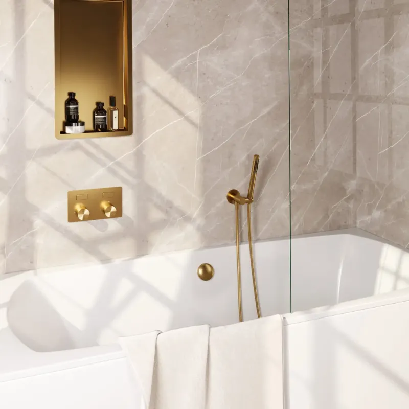 Merkproduct Brauer Stripe inbouw badkraan met drukknoppen, badvulcombinatie en staafhanddouche messing geborsteld PVD