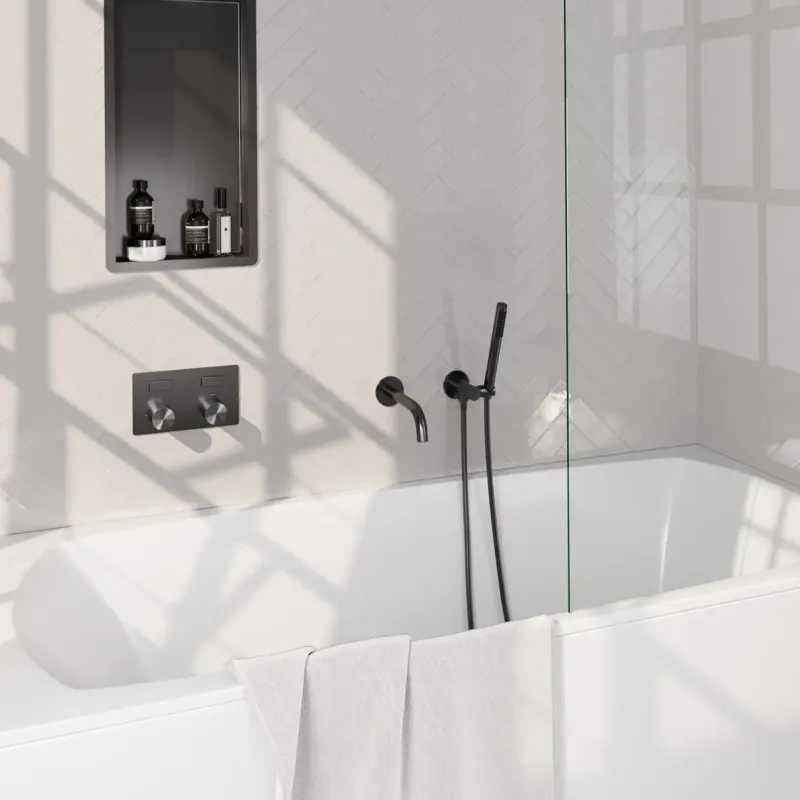 Aanbieding Brauer Stripe inbouw badkraan met drukknoppen en staafhanddouche gunmetal geborsteld PVD