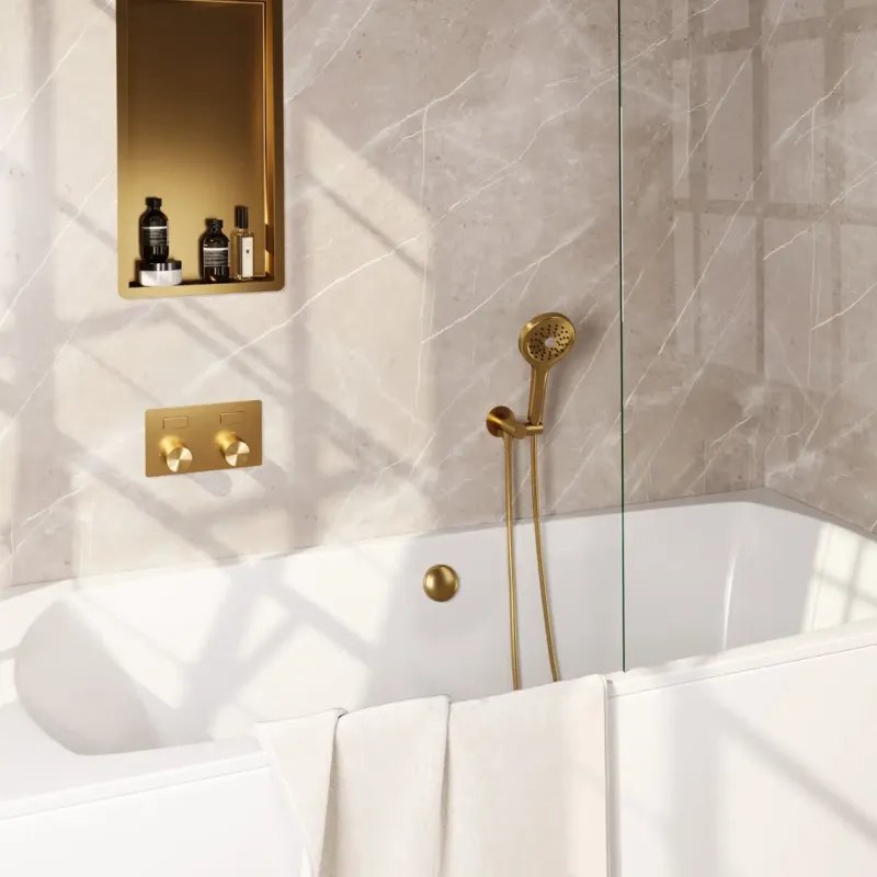 Brauer Stripe inbouw badkraan met drukknoppen, badvulcombinatie en 3 standen handdouche messing geborsteld PVD Beperkte Voorraad