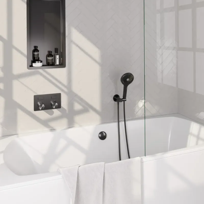 Brauer Stripe inbouw badkraan met drukknoppen, badvulcombinatie en 3 standen handdouche gunmetal geborsteld PVD Premium