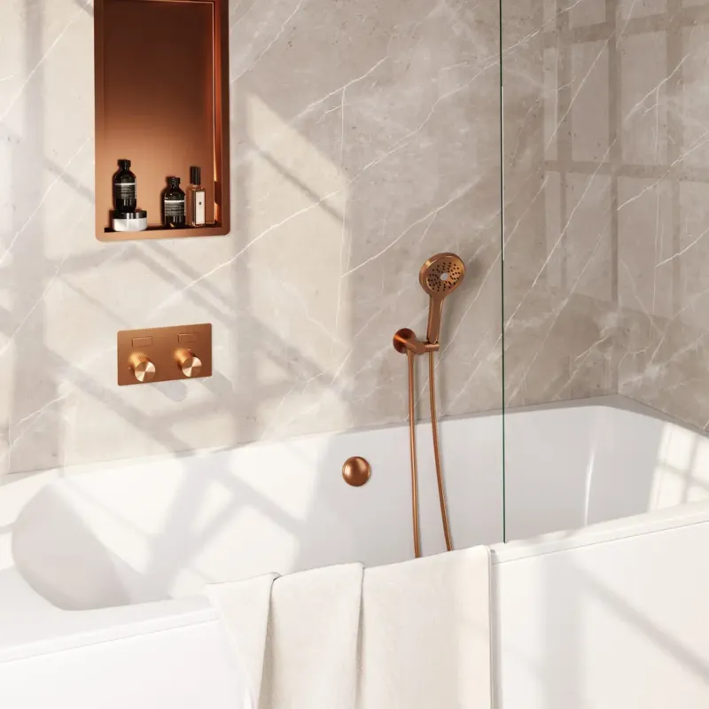 Brauer Stripe inbouw badkraan met drukknoppen, badvulcombinatie en 3 standen handdouche koper geborsteld PVD Populair