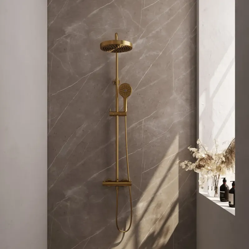 Koop Vandaag Brauer Stripe opbouw regendouche met 25cm hoofddouche en 3 standen handdouche messing geborsteld PVD