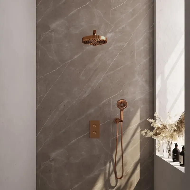 Hoge Kwaliteit Brauer Stripe inbouw regendouche met 25cm hoofddouche, rechte muurarm en 3 standen handdouche set 16 koper geborsteld PVD