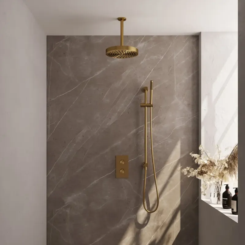 Brauer Stripe inbouw regendouche met 25cm hoofddouche, met plafondarm, glijstang en staafhanddouche set 21 messing geborsteld PVD Meest Verkocht