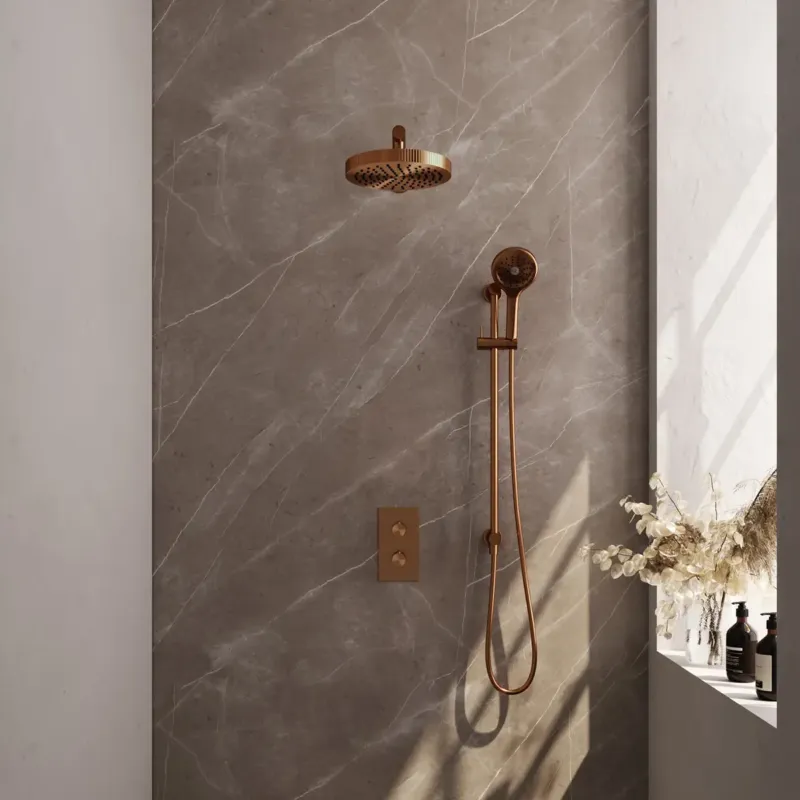 Meest Verkocht Brauer Stripe inbouw regendouche met 25cm hoofddouche, met rechte muurarm, glijstang en 3 standen handdouche set 22 koper geborsteld PVD