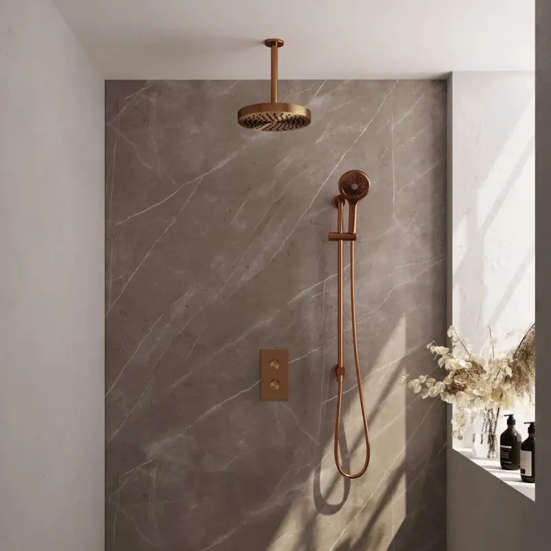 Lage Prijs Brauer Stripe inbouw regendouche met 25cm hoofddouche, met plafondarm, glijstang en 3 standen handdouche set 24 koper geborsteld PVD