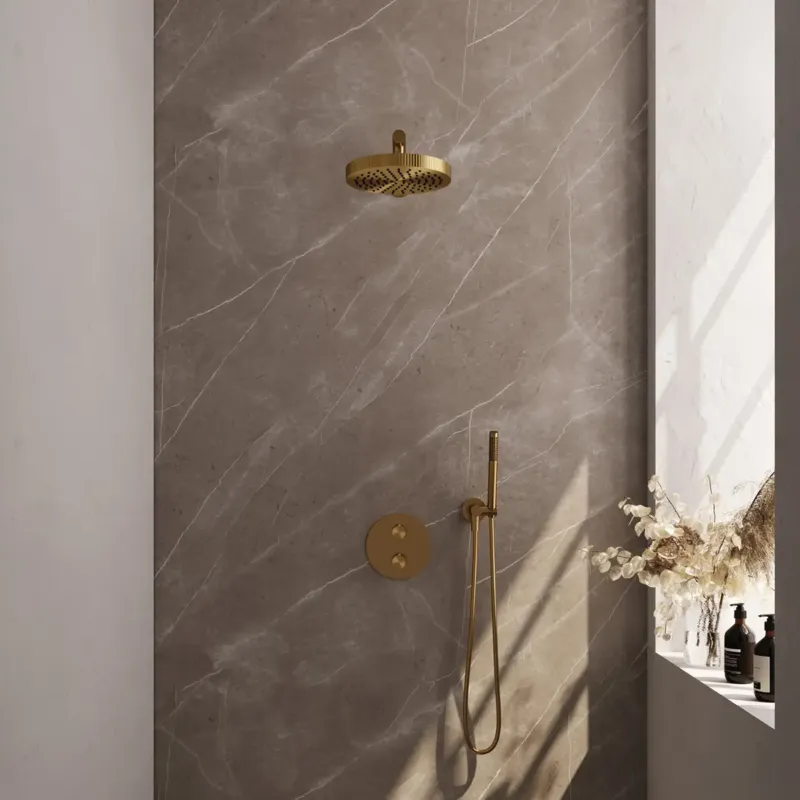 Laatste Kans Brauer Stripe inbouw regendouche rond met 25cm hoofddouche, rechte muurarm en staafhanddouche set 37 messing geborsteld PVD
