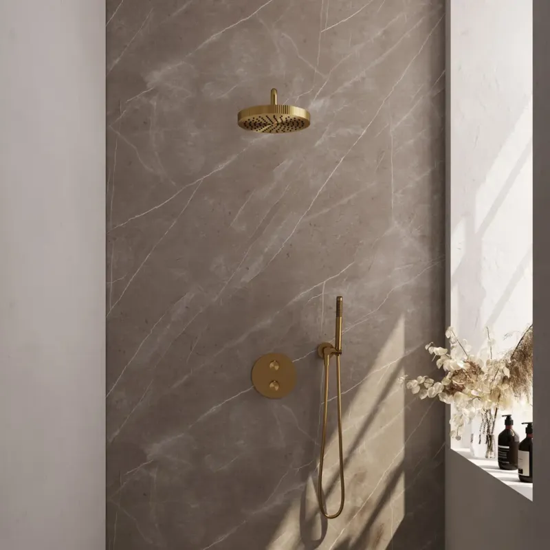 Brauer Stripe inbouw regendouche rond met 25cm hoofddouche, gebogen muurarm en staafhanddouche set 38 messing geborsteld PVD Fabrieksprijs