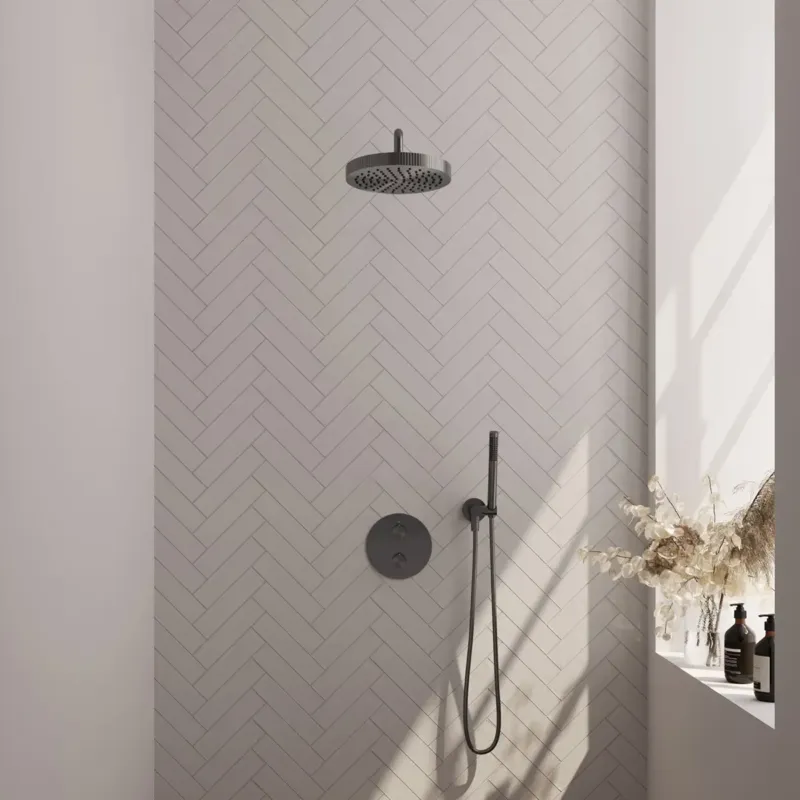 Brauer Stripe inbouw regendouche rond met 25cm hoofddouche, gebogen muurarm en staafhanddouche set 38 gunmetal geborsteld PVD Uitverkoop