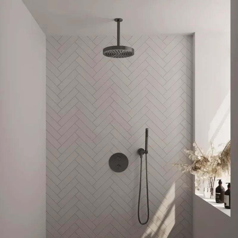 Brauer Stripe inbouw regendouche rond met 25cm hoofddouche, plafondarm en staafhanddouche set 39 gunmetal geborsteld PVD Favoriet