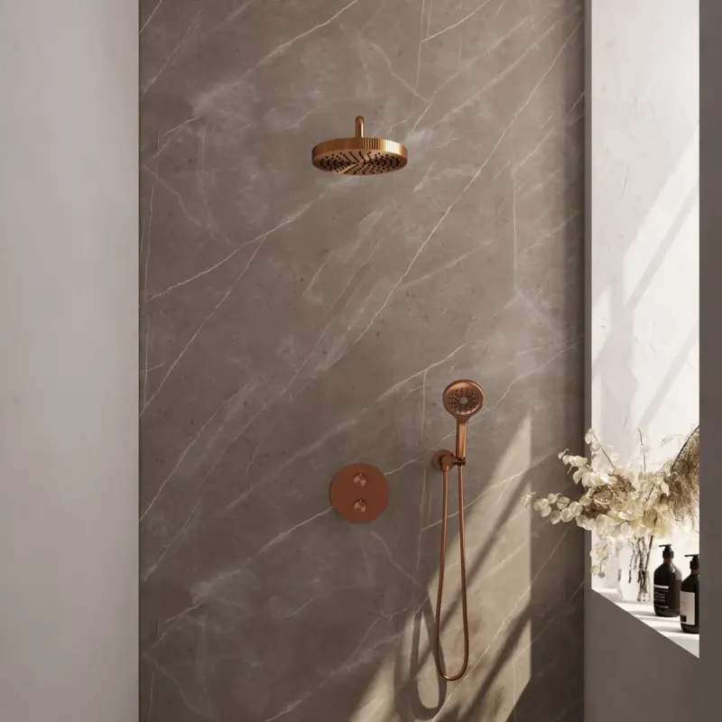Brauer Stripe inbouw regendouche rond met 25cm hoofddouche, gebogen muurarm en 3 standen handdouche set 41 koper geborsteld PVD Nieuw
