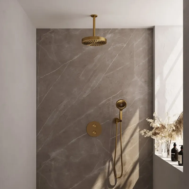 Brauer Stripe inbouw regendouche rond met 25cm hoofddouche, plafondarm en 3 standen handdouche set 42 messing geborsteld PVD Gereduceerde Prijs