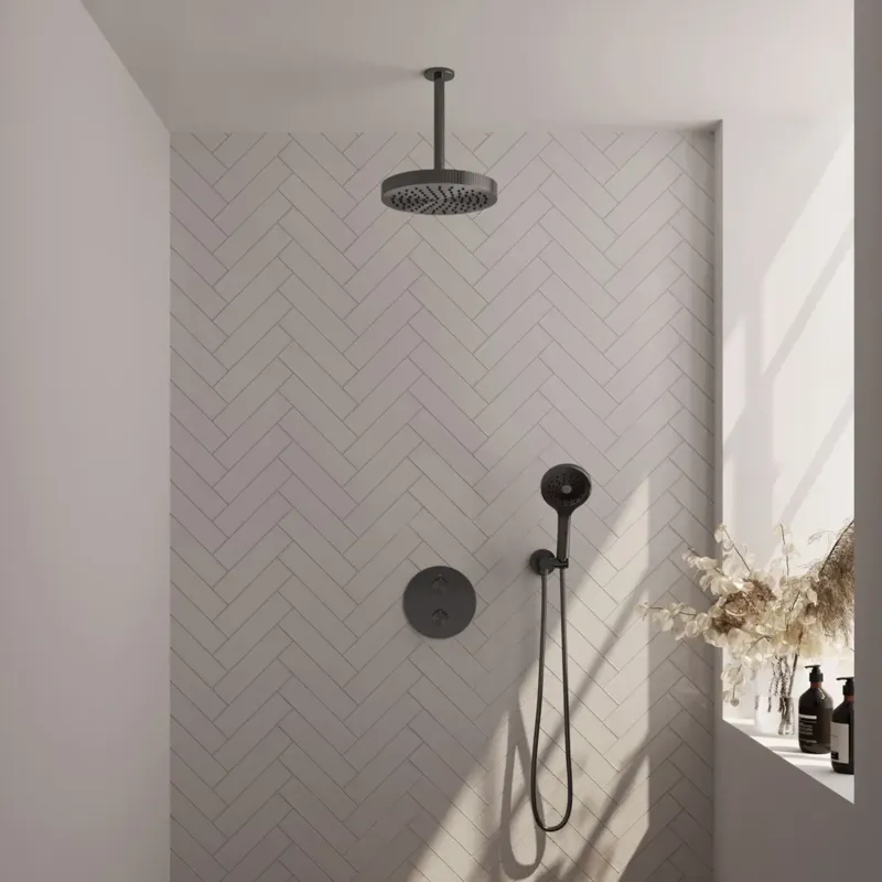 Brauer Stripe inbouw regendouche rond met 25cm hoofddouche, plafondarm en 3 standen handdouche set 42 gunmetal geborsteld PVD Goedkoop
