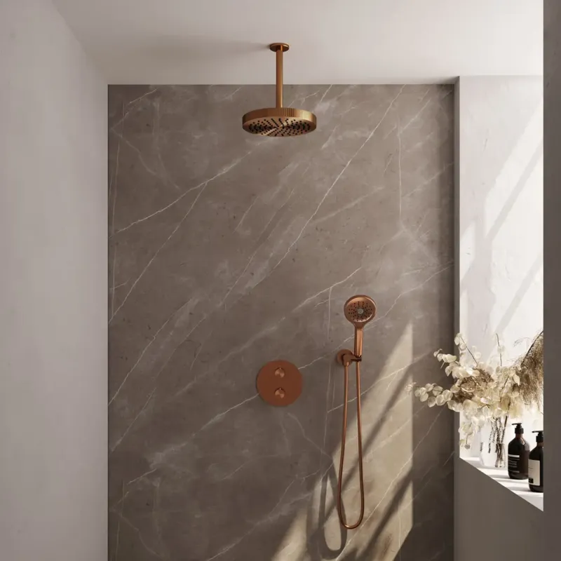 Bestseller Brauer Stripe inbouw regendouche rond met 25cm hoofddouche, plafondarm en 3 standen handdouche set 42 koper geborsteld PVD
