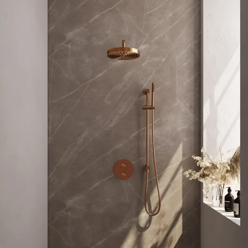 Beperkt Aanbod Brauer Stripe inbouw regendouche rond met 25cm hoofddouche, rond met gebogen muurarm, glijstang en staafhanddouche set 44 koper geborsteld PVD