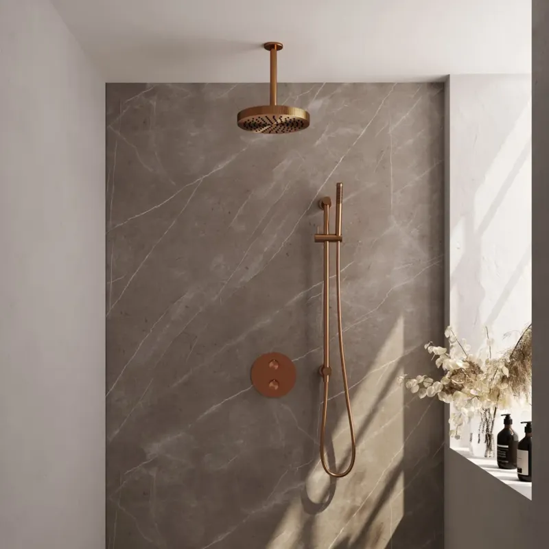 Favoriet Brauer Stripe inbouw regendouche rond met 25cm hoofddouche, rond met plafondarm, glijstang en staafhanddouche set 45 koper geborsteld PVD
