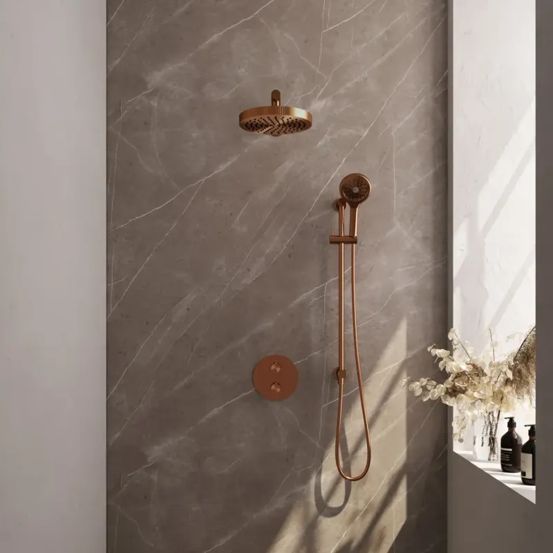 Dagaanbieding Brauer Stripe inbouw regendouche rond met 25cm hoofddouche, rond met rechte muurarm, glijstang en 3 standen handdouche set 46 koper geborsteld PVD