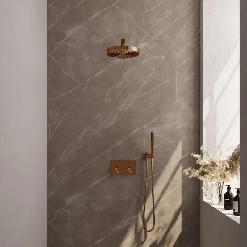 Brauer Stripe inbouw regendouche met 25cm hoofddouche, rechte muurarm en staafhanddouche set 25 koper geborsteld PVD Goedkoop