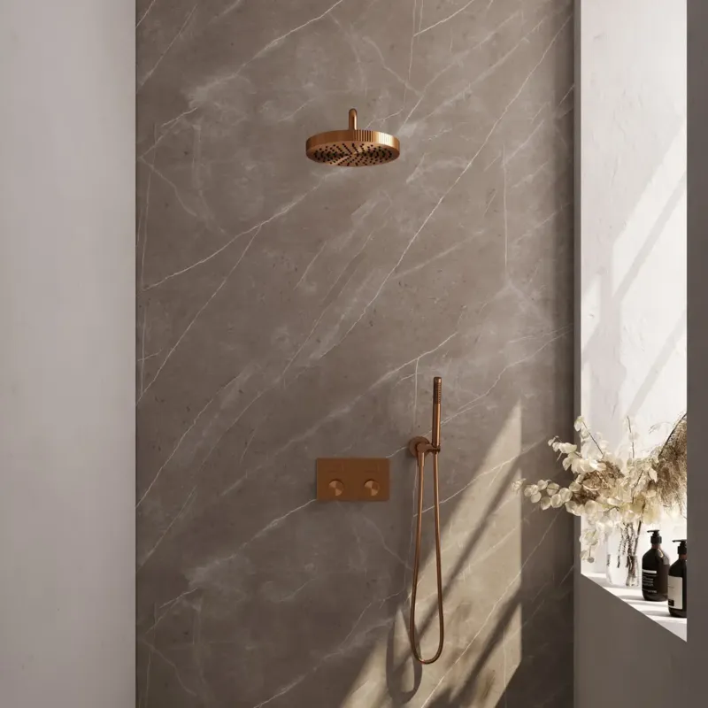 Beperkt Aanbod Brauer Stripe inbouw regendouche met 25cm hoofddouche, gebogen muurarm en staafhanddouche set 26 koper geborsteld PVD