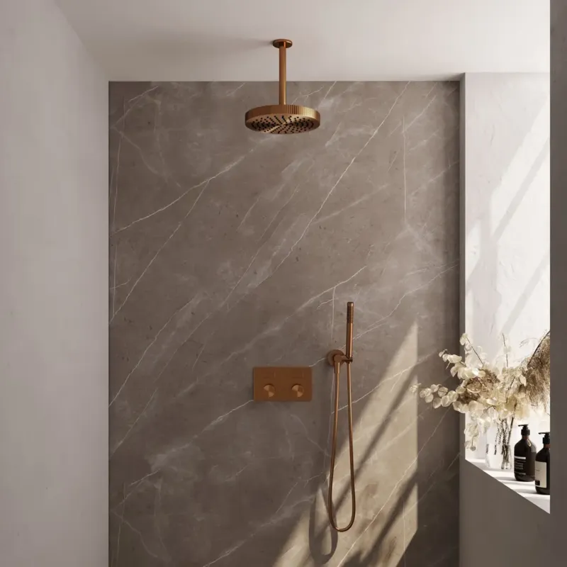 Exclusieve Aanbieding Brauer Stripe inbouw regendouche met 25cm hoofddouche, plafondarm en staafhanddouche set 27 koper geborsteld PVD