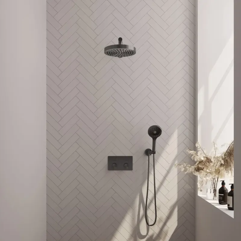 Brauer Stripe inbouw regendouche met 25cm hoofddouche, rechte muurarm en 3 standen handdouche set 28 gunmetal geborsteld PVD Rechtstreeks Van De Fabrikant