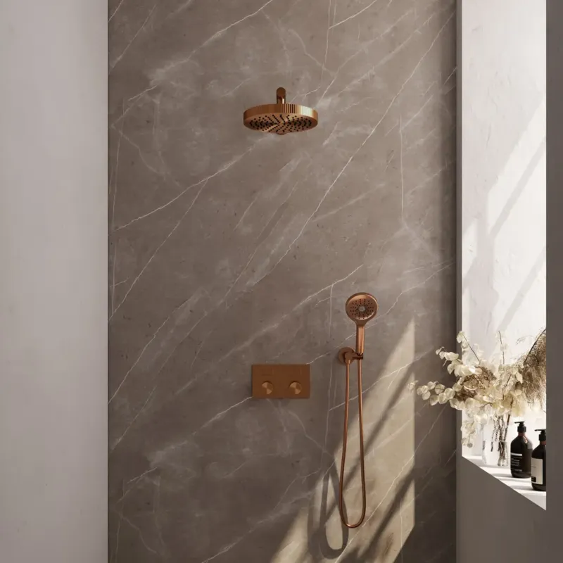 Brauer Stripe inbouw regendouche met 25cm hoofddouche, rechte muurarm en 3 standen handdouche set 28 koper geborsteld PVD Express Levering