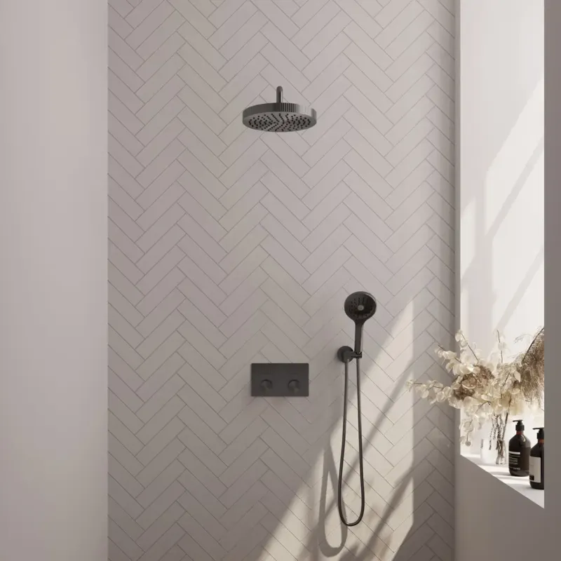 Express Levering Brauer Stripe inbouw regendouche met 25cm hoofddouche, gebogen muurarm en 3 standen handdouche set 29 gunmetal geborsteld PVD