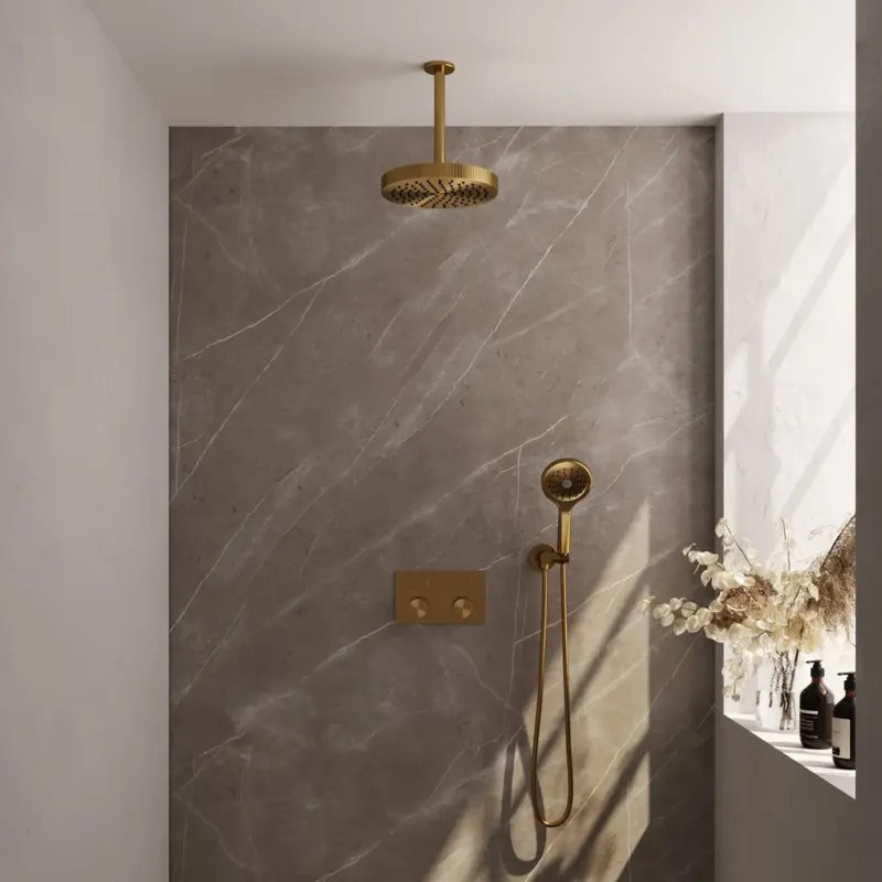 Hete Deal Brauer Stripe inbouw regendouche met 25cm hoofddouche, plafondarm en 3 standen handdouche set 30 messing geborsteld PVD