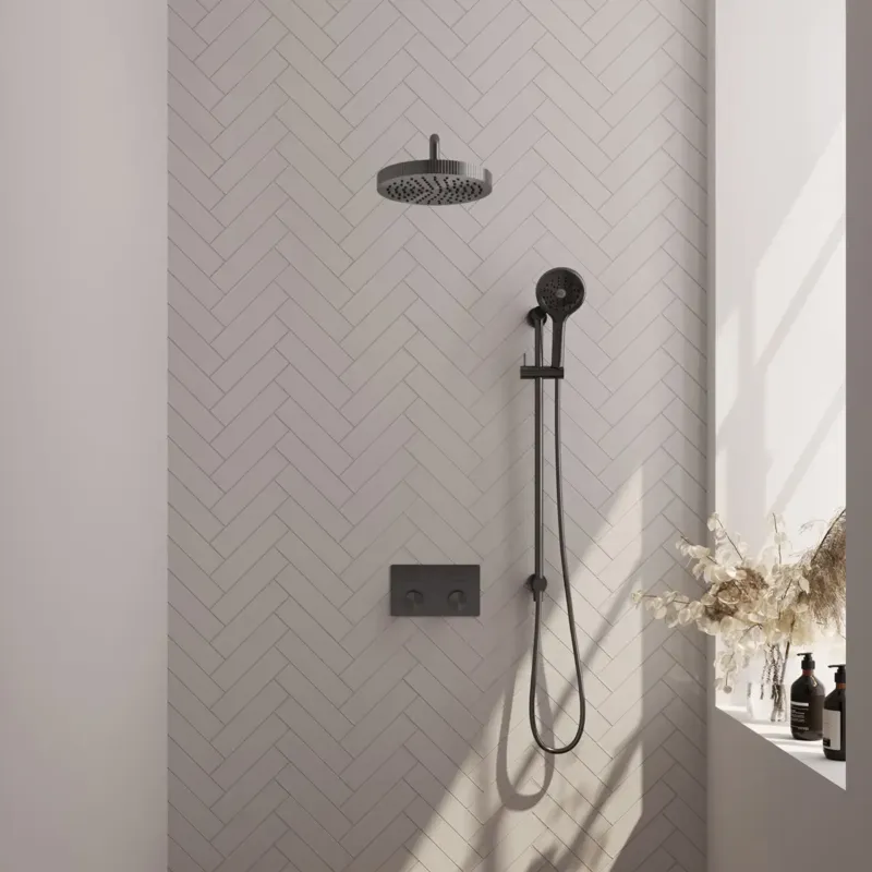 Aanbieding Brauer Stripe inbouw regendouche met 25cm hoofddouche, gebogen muurarm, 3 standen handdouche en glijstang set 35 gunmetal geborsteld PVD