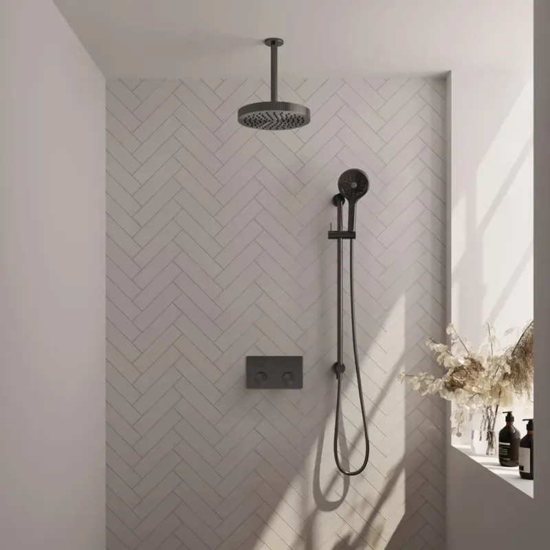 Betaalbaar Brauer Stripe inbouw regendouche met 25cm hoofddouche, plafondarm, 3 standen handdouche en glijstang set 36 gunmetal geborsteld PVD