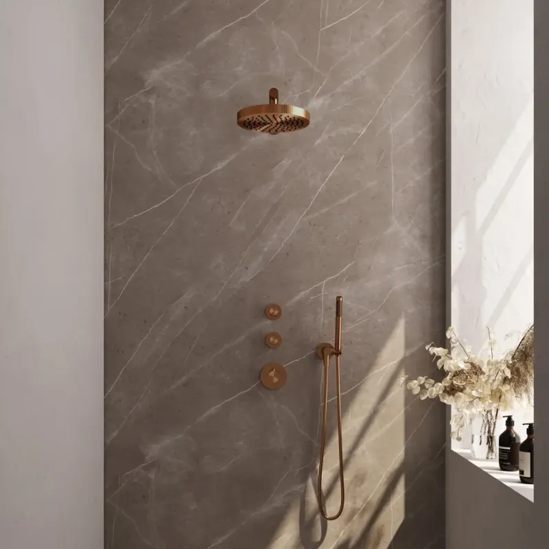 Brauer Stripe inbouw regendouche met 25cm hoofddouche, rechte muurarm en staafhanddouche set 1 koper geborsteld PVD Alleen Vandaag