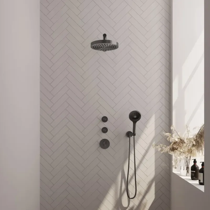 Brauer Stripe inbouw regendouche met 25cm hoofddouche, rechte muurarm en 3 standen handdouche set 4 gunmetal geborsteld PVD Goedkoop