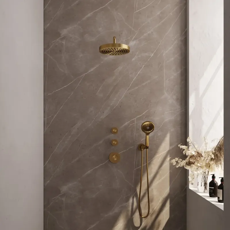 Beperkte Voorraad Brauer Stripe inbouw regendouche met 25cm hoofddouche, gebogen muurarm en 3 standen handdouche set 5 messing geborsteld PVD