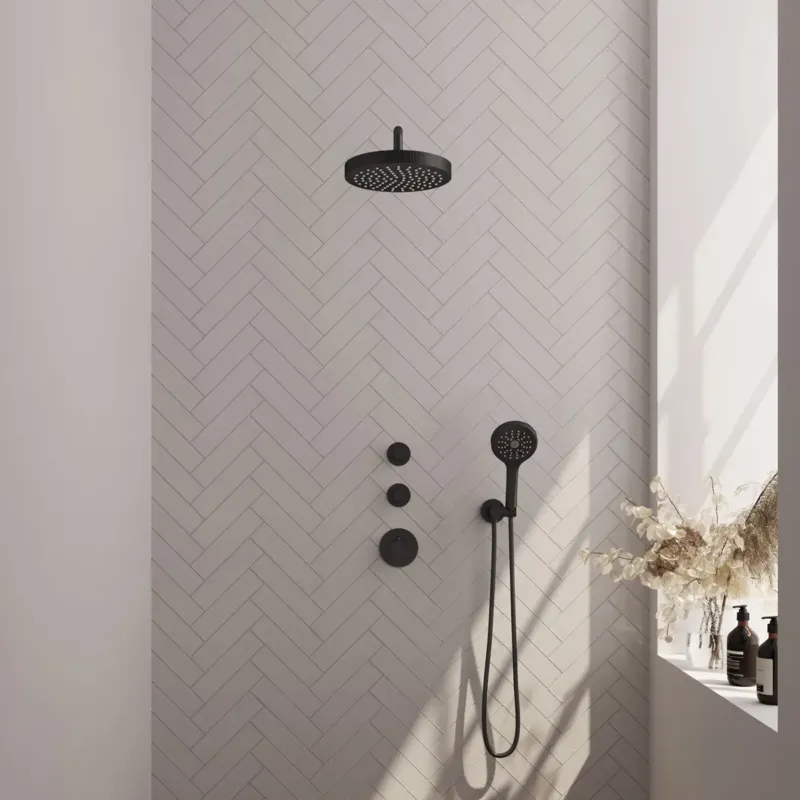 Brauer Stripe inbouw regendouche met 25cm hoofddouche, gebogen muurarm en 3 standen handdouche set 5 zwart mat Beperkt Aanbod