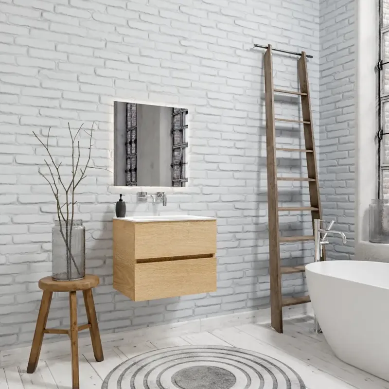 Zaro Sevilla Solid Surface badkamermeubel 60cm licht eiken zonder kraangat met 2 lades Koop Online