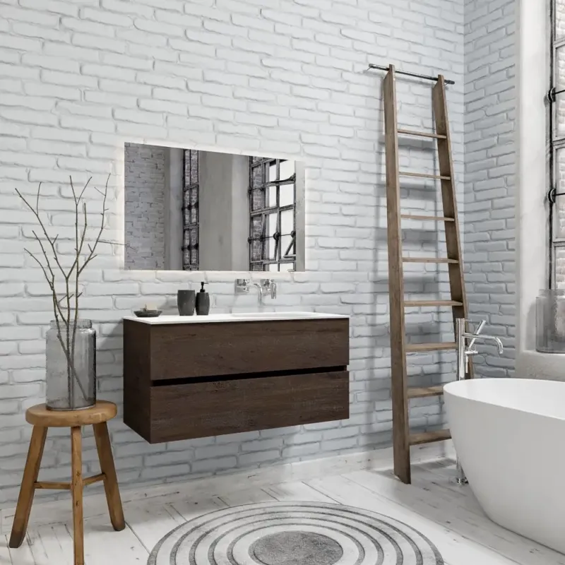 Zaro Sevilla Solid Surface badmeubel 100cm donker eiken zonder kraangat spoelbak rechts met 2 lades Beperkt Aanbod