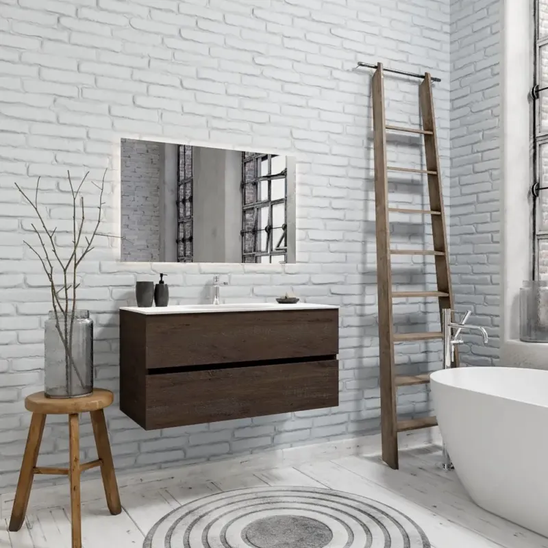 Zaro Sevilla Solid Surface badmeubel 100cm donker eiken 1 kraangat spoelbak midden met 2 lades Seizoensaanbieding