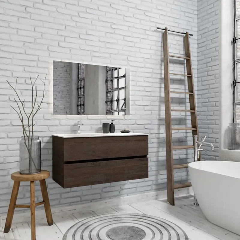 Betrouwbaar Zaro Sevilla Solid Surface badmeubel 100cm donker eiken 1 kraangat spoelbak links met 2 lades