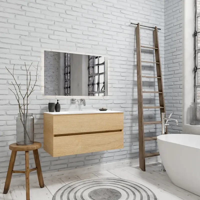 Zaro Sevilla Solid Surface badmeubel 100cm licht eiken zonder kraangat spoelbak midden met 2 lades Populair