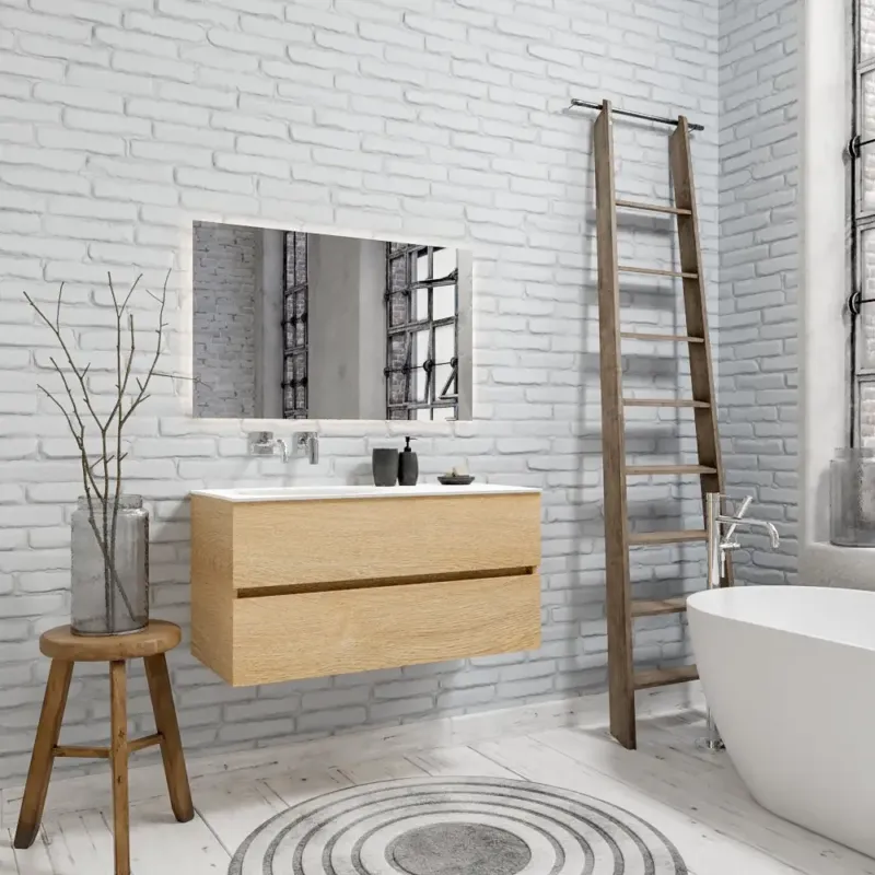 Zaro Sevilla Solid Surface badmeubel 100cm licht eiken zonder kraangat spoelbak links met 2 lades Betaalbaar