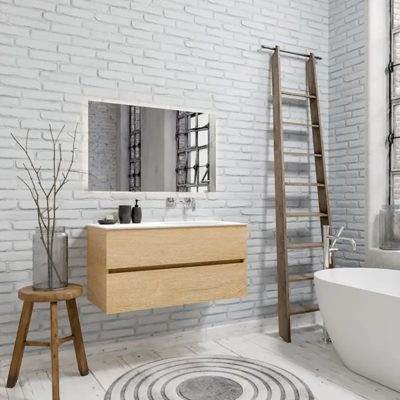 Zaro Sevilla Solid Surface badmeubel 100cm licht eiken zonder kraangat spoelbak rechts met 2 lades Express Levering