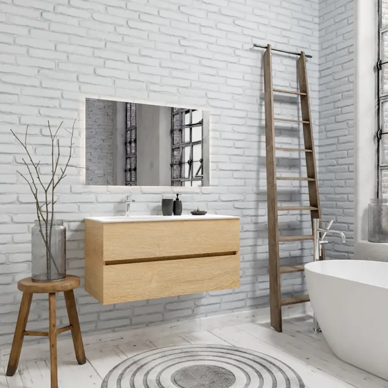 Zaro Sevilla Solid Surface badmeubel 100cm licht eiken 1 kraangat spoelbak links met 2 lades Express Levering