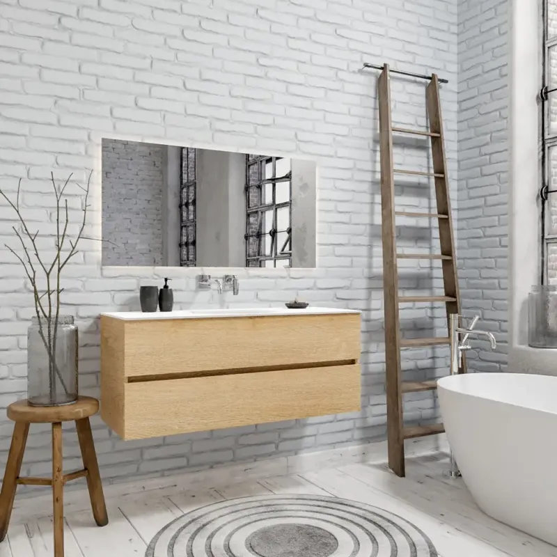 Zaro Sevilla Solid Surface badmeubel 120cm licht eiken zonder kraangat spoelbak midden met 2 lades Nieuw