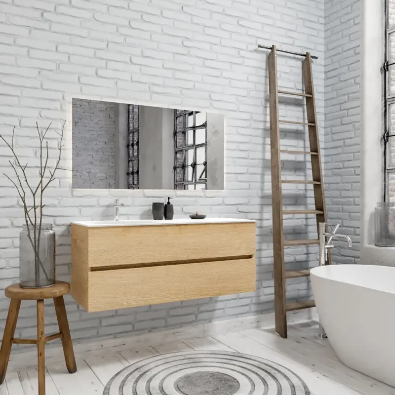 Zaro Sevilla Solid Surface badmeubel 120cm licht eiken 1 kraangat spoelbak links met 2 lades Lage Prijs