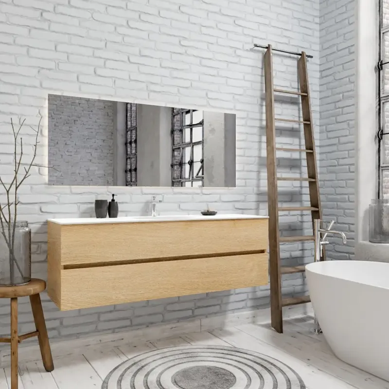 Zaro Sevilla Solid Surface badmeubel 150cm licht eiken 1 kraangat spoelbak midden met 2 lades Goedkoop